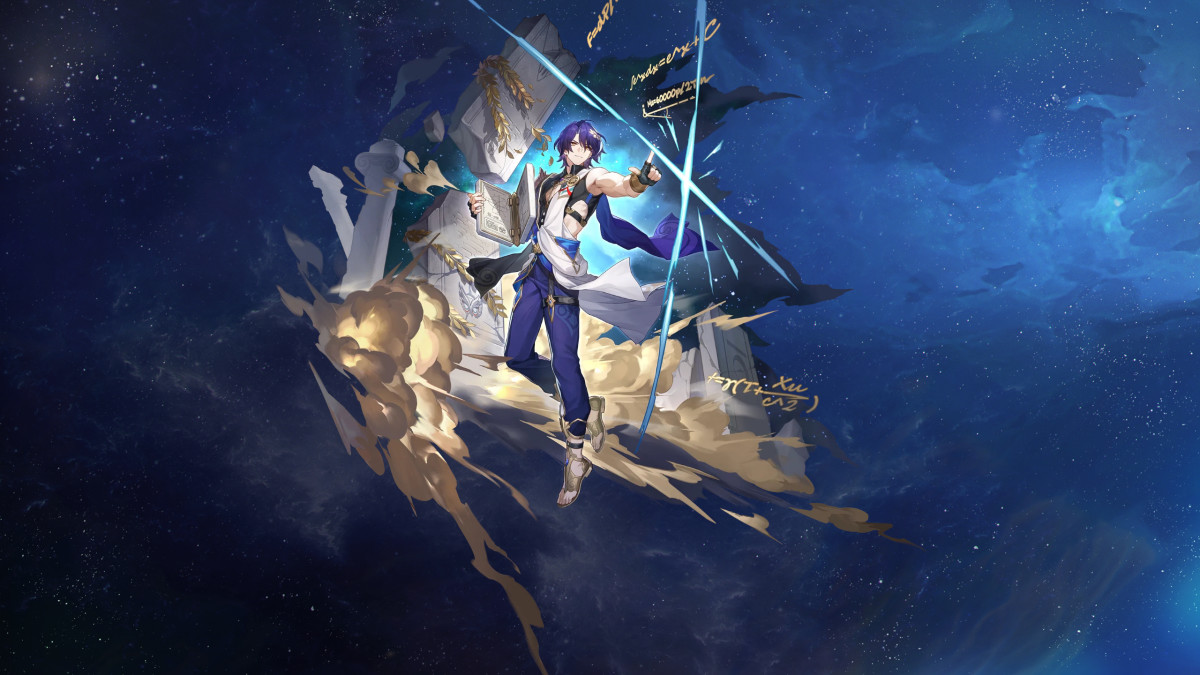Honkai: Star Rail artwork of Dr. Ratio on space background.